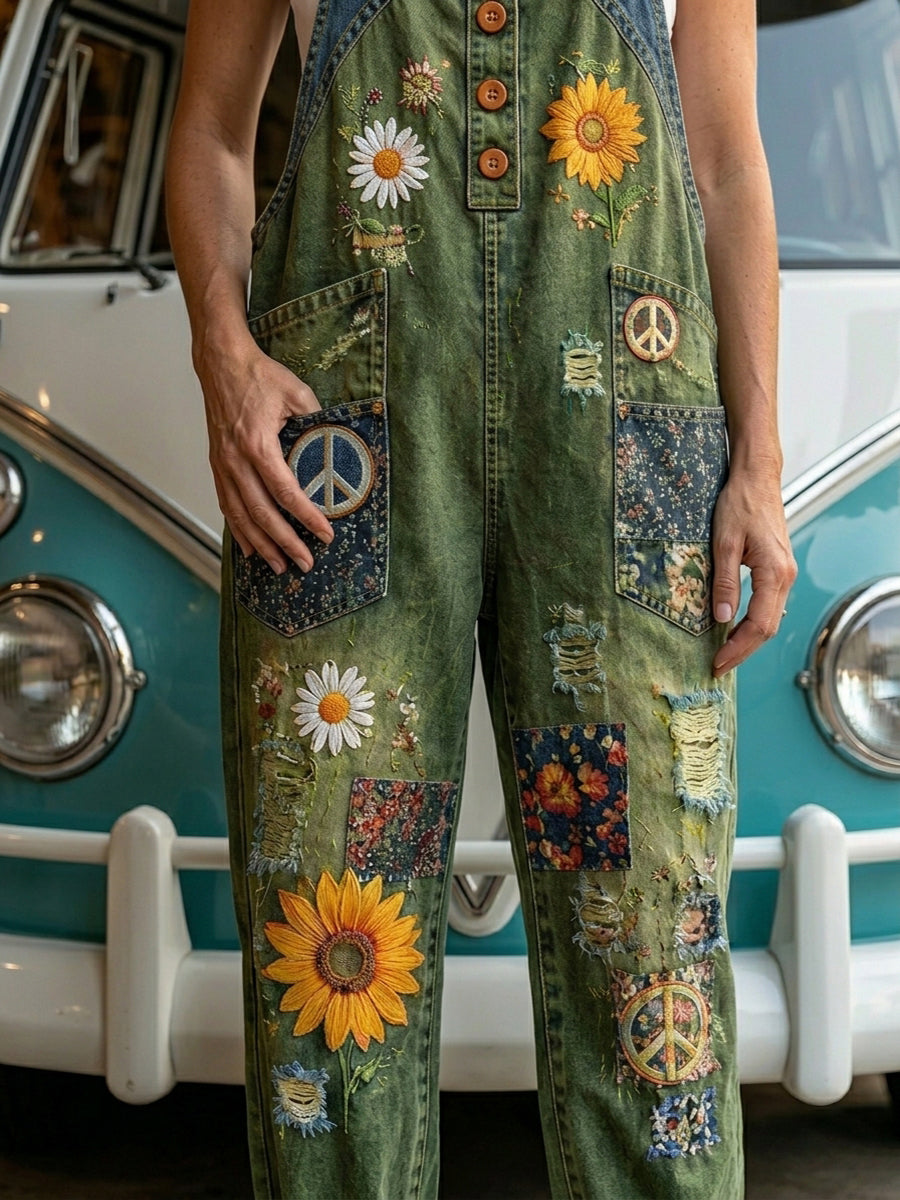 Women's Retro Style Art Print Washed Cotton Denim Patchwork Jumpsuit