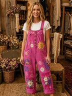 Women's Retro Style Art Print Washed Cotton Denim Patchwork Jumpsuit