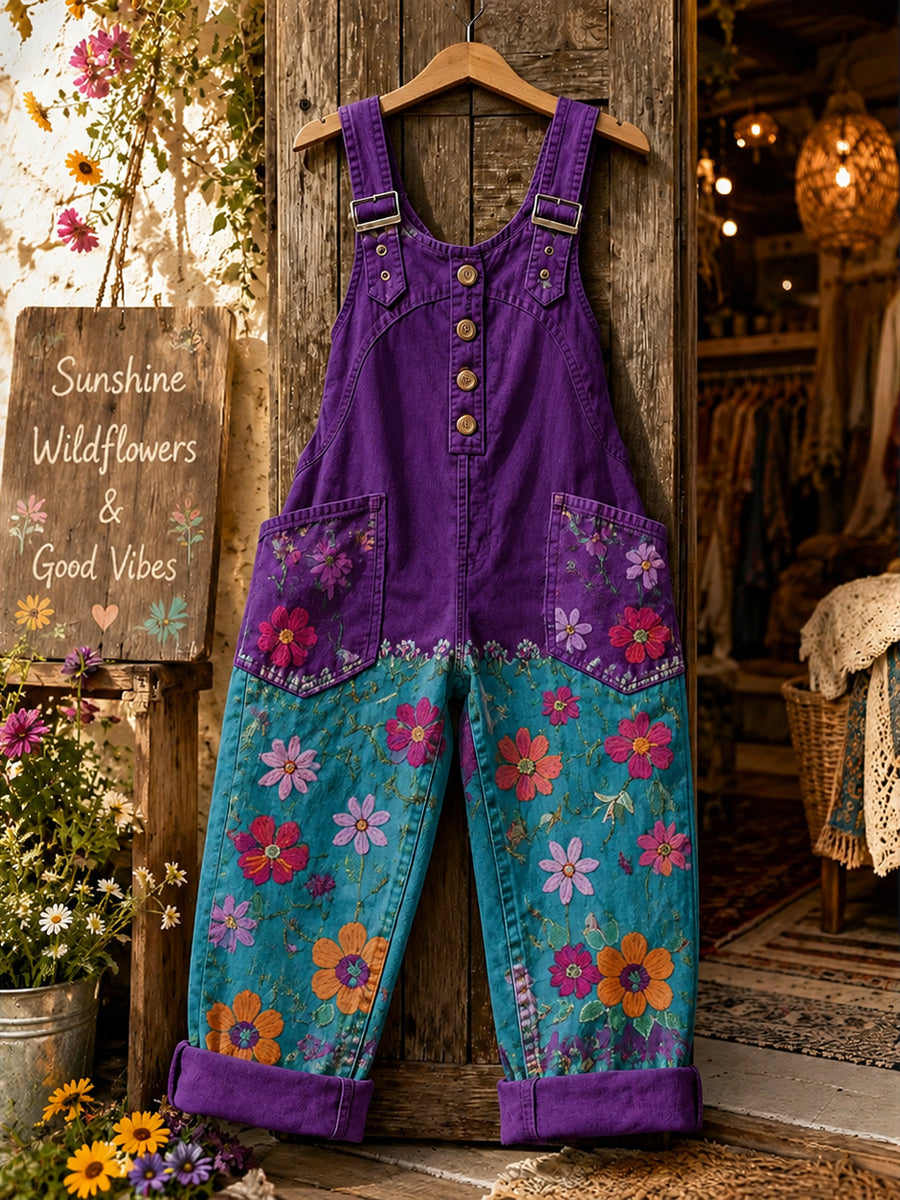 Women's Retro Style Art Print Washed Cotton Denim Patchwork Jumpsuit