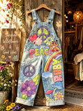 Women's Retro Style Art Print Washed Cotton Denim Patchwork Jumpsuit