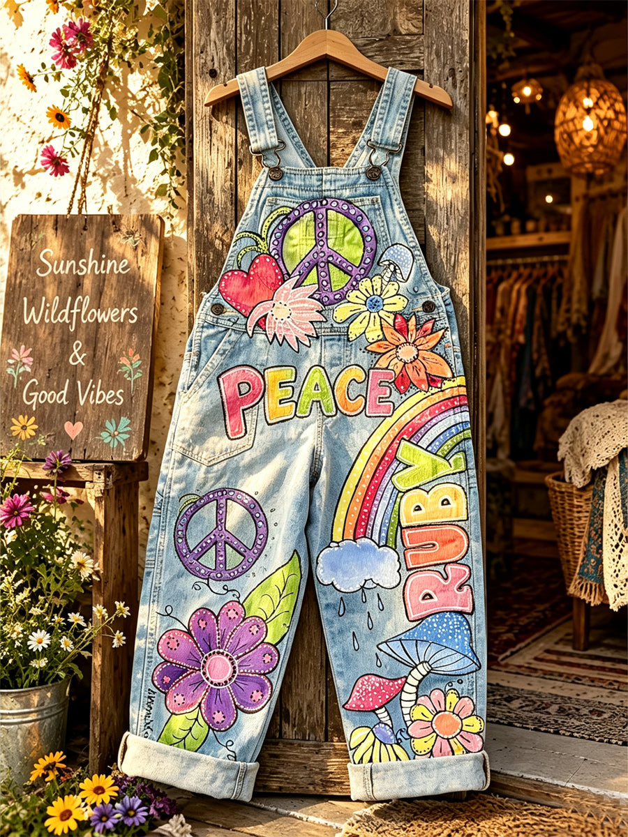 Women's Retro Style Art Print Washed Cotton Denim Patchwork Jumpsuit
