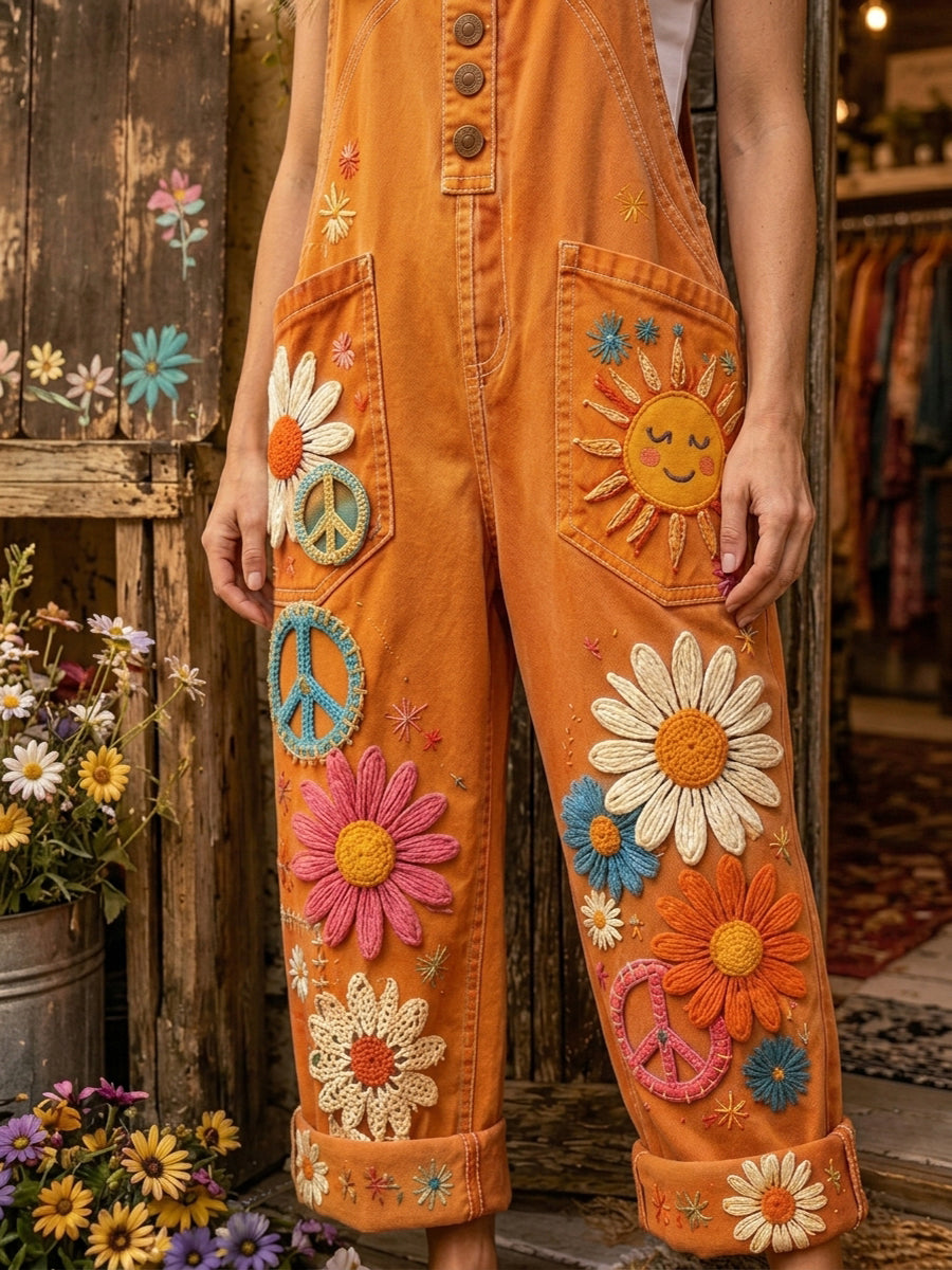 Women's Retro Style Art Print Washed Cotton Denim Patchwork Jumpsuit