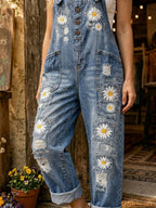 Women's Retro Style Art Print Washed Cotton Denim Patchwork Jumpsuit