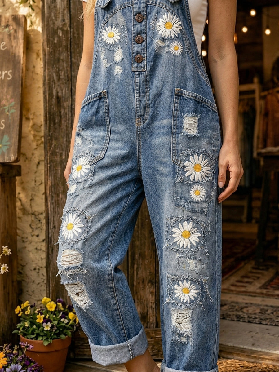 Women's Retro Style Art Print Washed Cotton Denim Patchwork Jumpsuit
