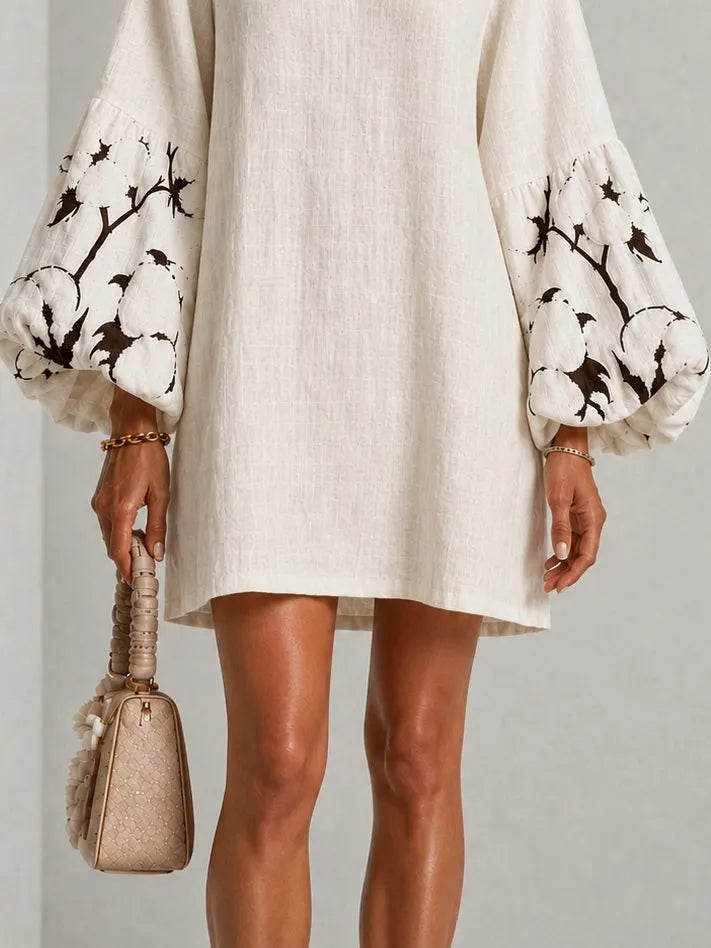 White V-neck Lantern Puff Sleeve Floral Print Mini Dress