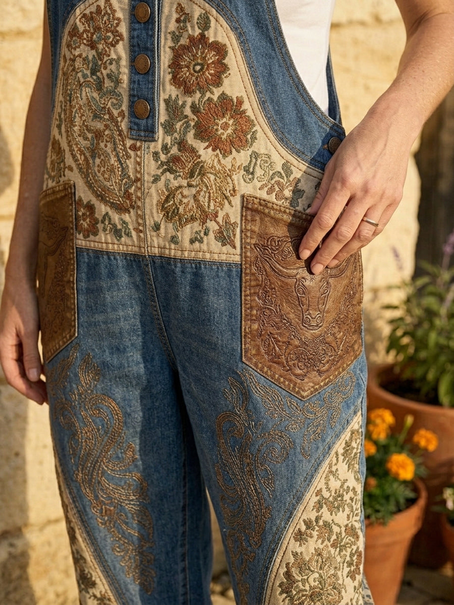 Women's Retro Art Print Denim Patchwork Jumpsuit