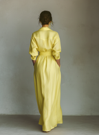 Lemon Yellow Cotton And Linen Blend Maxi Shirt Dress