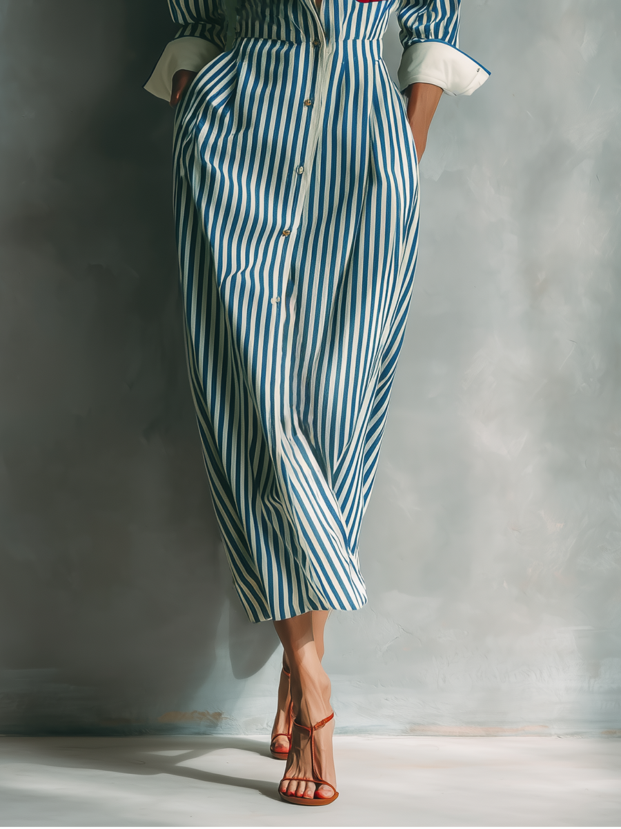 Blue And White Cotton Blend Striped Shirt Dress With Red Chest Pocket