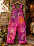 Women's Retro Style Art Print Washed Cotton Denim Patchwork Jumpsuit