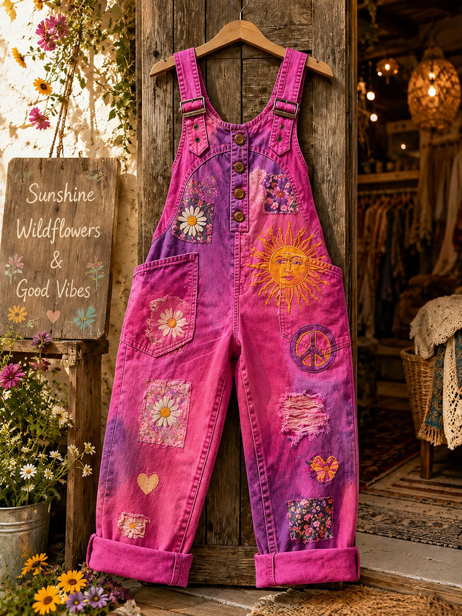 Women's Retro Style Art Print Washed Cotton Denim Patchwork Jumpsuit