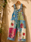 Women's Retro Style Art Print Washed Cotton Denim Patchwork Jumpsuit