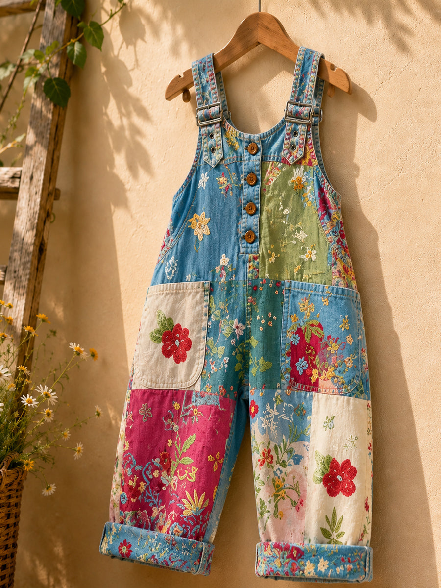 Women's Retro Style Art Print Washed Cotton Denim Patchwork Jumpsuit