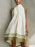 White And Olive Green Floral Sleeveless A-line Mini Dress