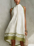 White And Olive Green Floral Sleeveless A-line Mini Dress