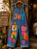 Women's Retro Art Print Denim Patchwork Jumpsuit