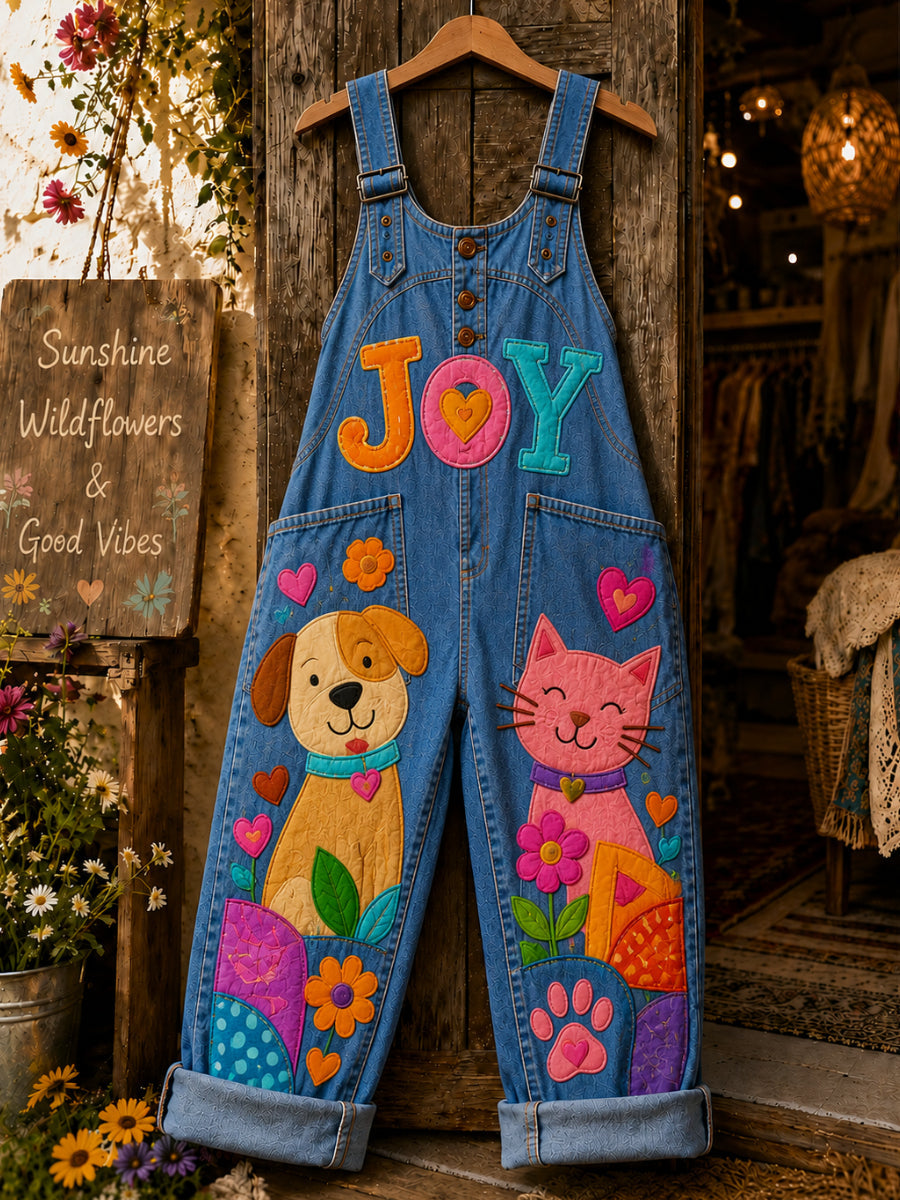 Women's Retro Art Print Denim Patchwork Jumpsuit