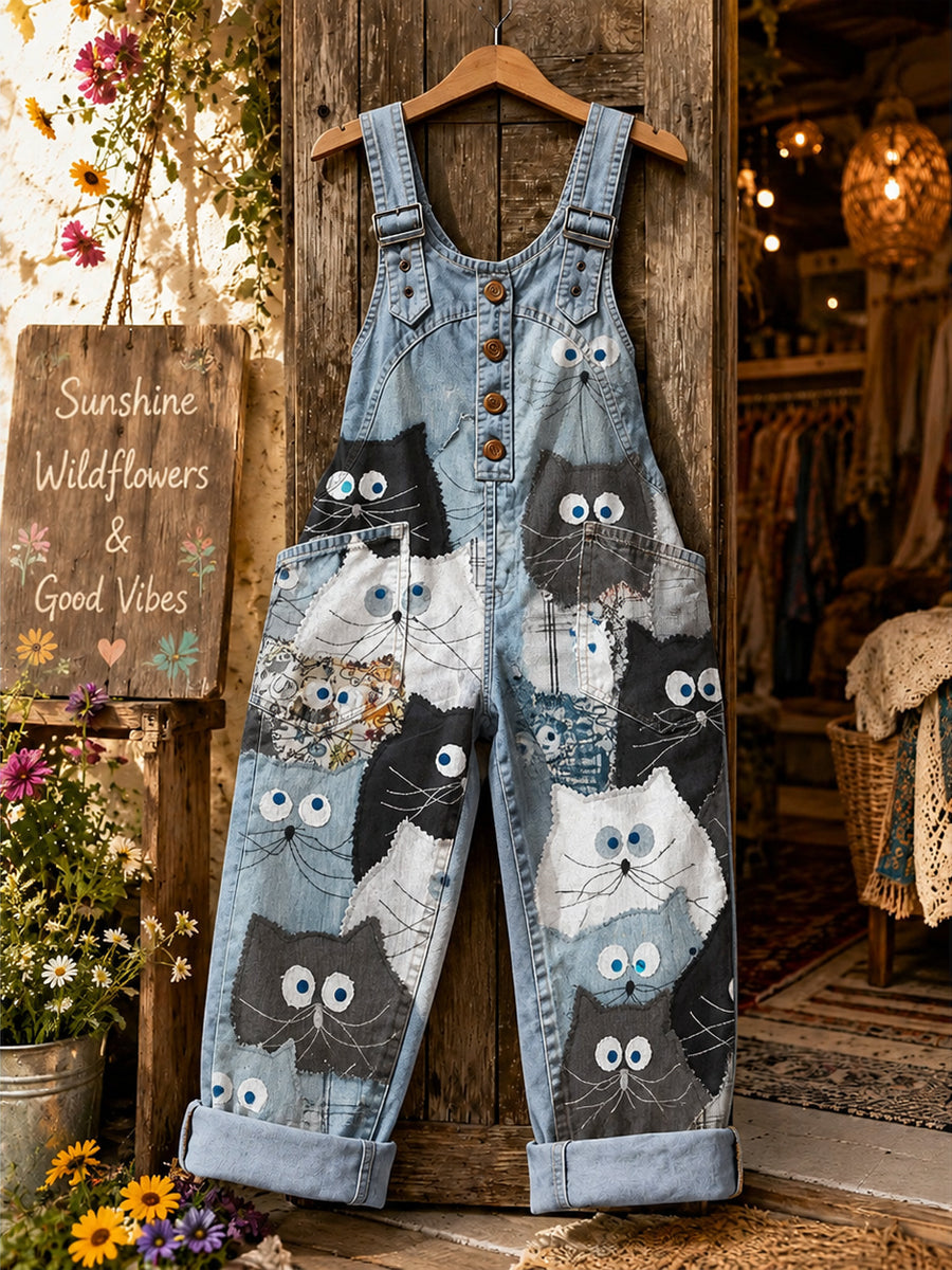 Women's Retro Style Art Print Washed Cotton Denim Patchwork Jumpsuit