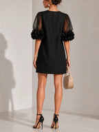 Black Organza Puff-sleeved Mini Dress With Striking Floral Cuffs