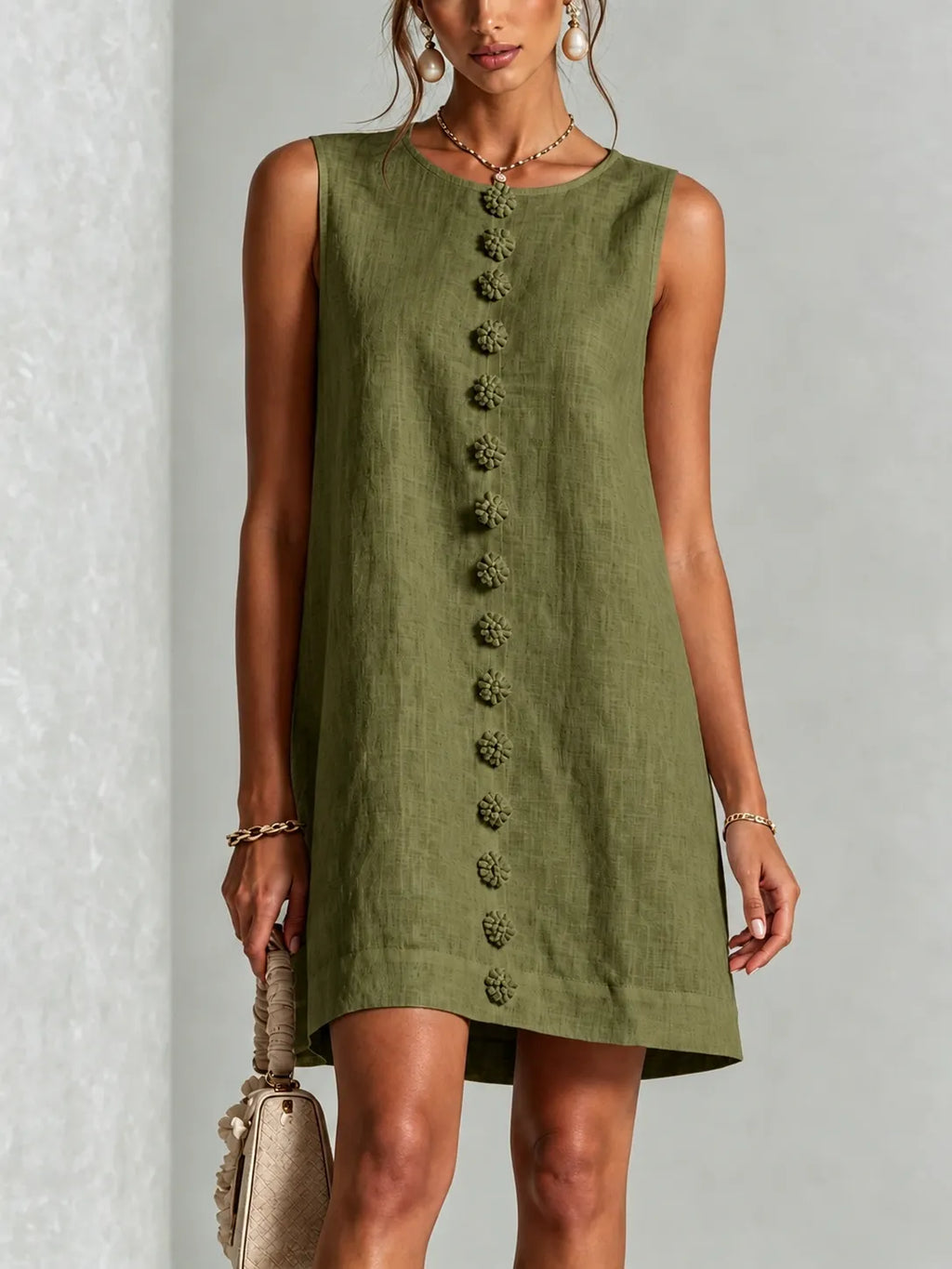 Olive Green Sleeveless Floral Button-front Mini Dress