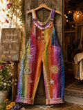 Women's Retro Style Art Print Washed Cotton Denim Patchwork Jumpsuit