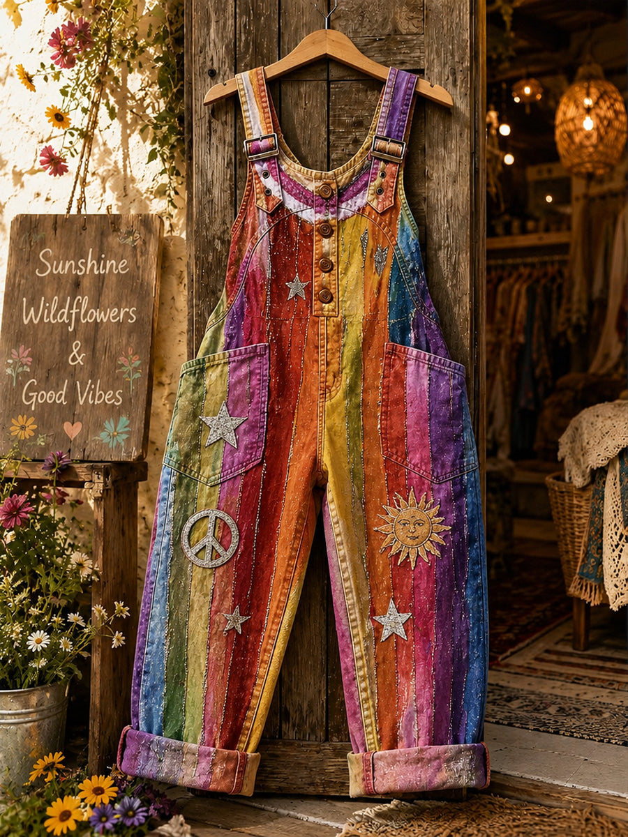 Women's Retro Style Art Print Washed Cotton Denim Patchwork Jumpsuit