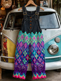 Women's Retro Style Art Print Washed Cotton Denim Patchwork Jumpsuit