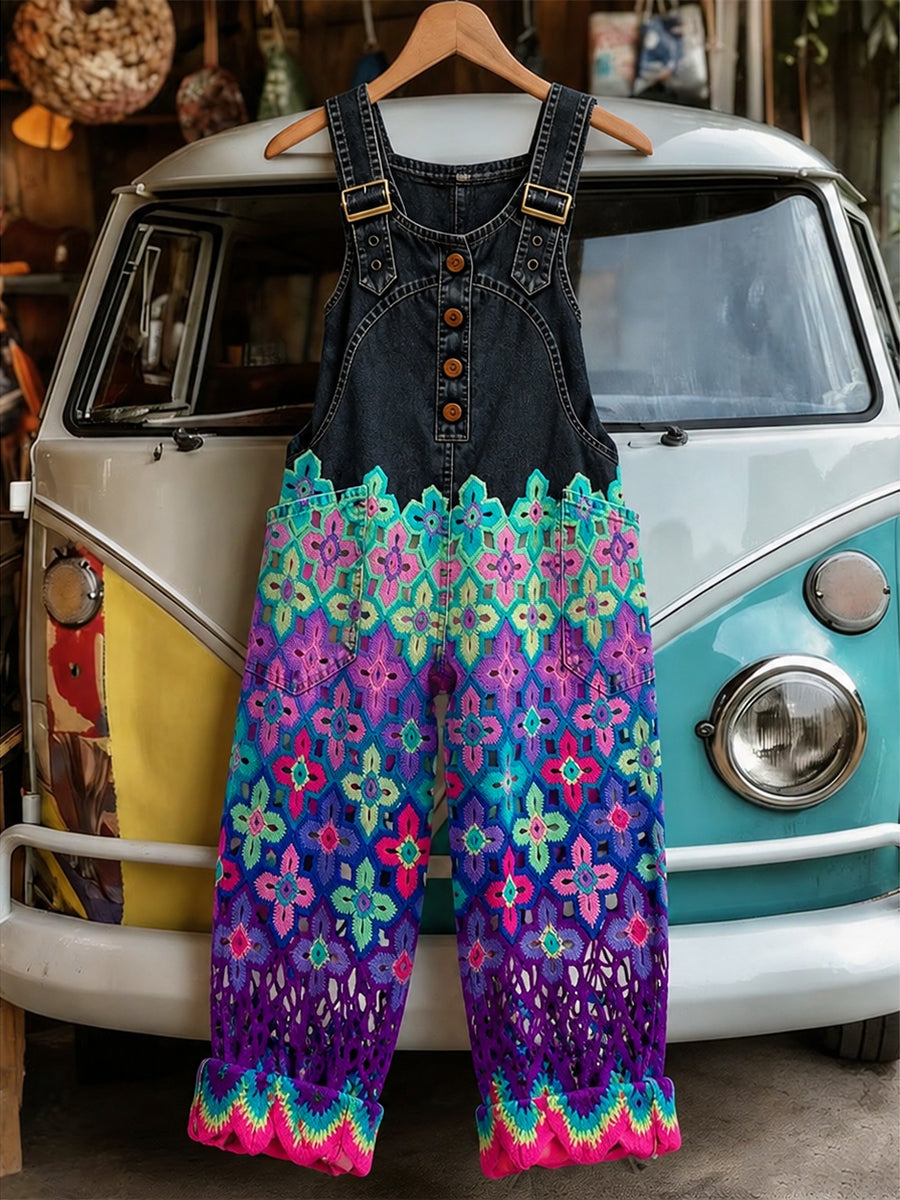 Women's Retro Style Art Print Washed Cotton Denim Patchwork Jumpsuit