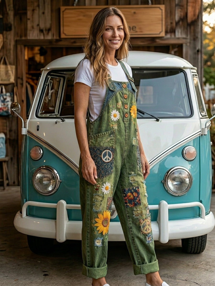 Women's Retro Style Art Print Washed Cotton Denim Patchwork Jumpsuit