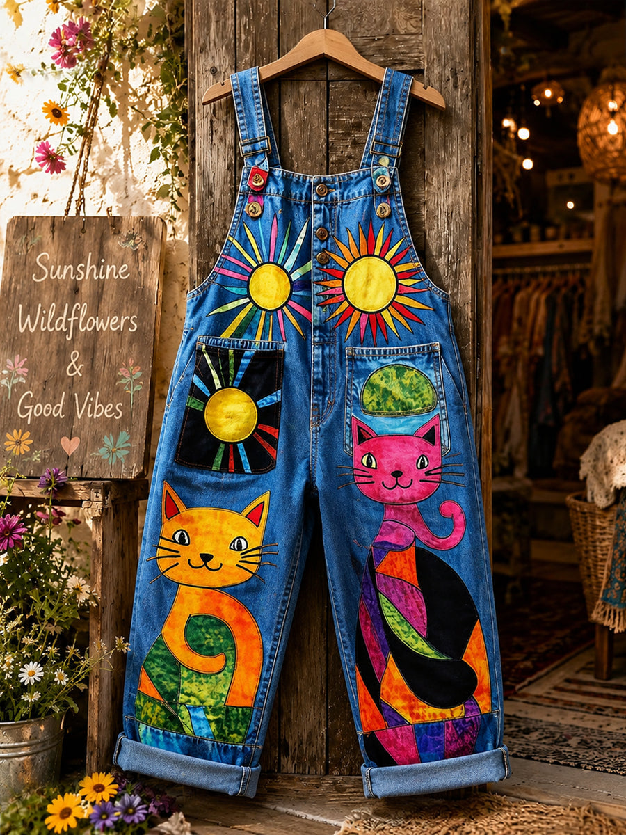 Women's Retro Style Art Print Washed Cotton Denim Patchwork Jumpsuit