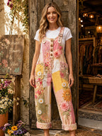 Women's Retro Style Art Print Washed Cotton Denim Patchwork Jumpsuit