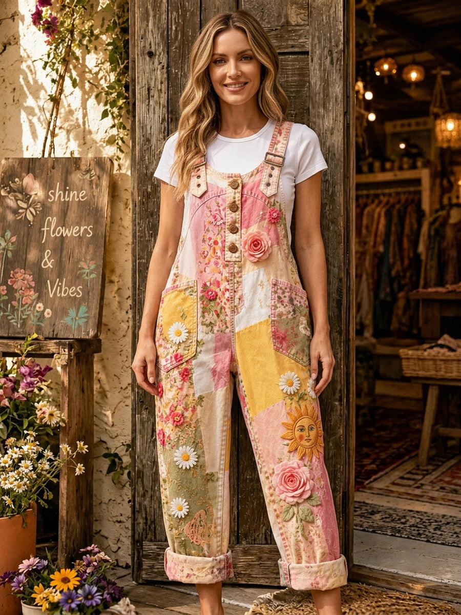 Women's Retro Style Art Print Washed Cotton Denim Patchwork Jumpsuit