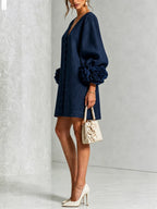 Navy V-neck Floral Button-down Mini Dress With Striking Floral Cuffs