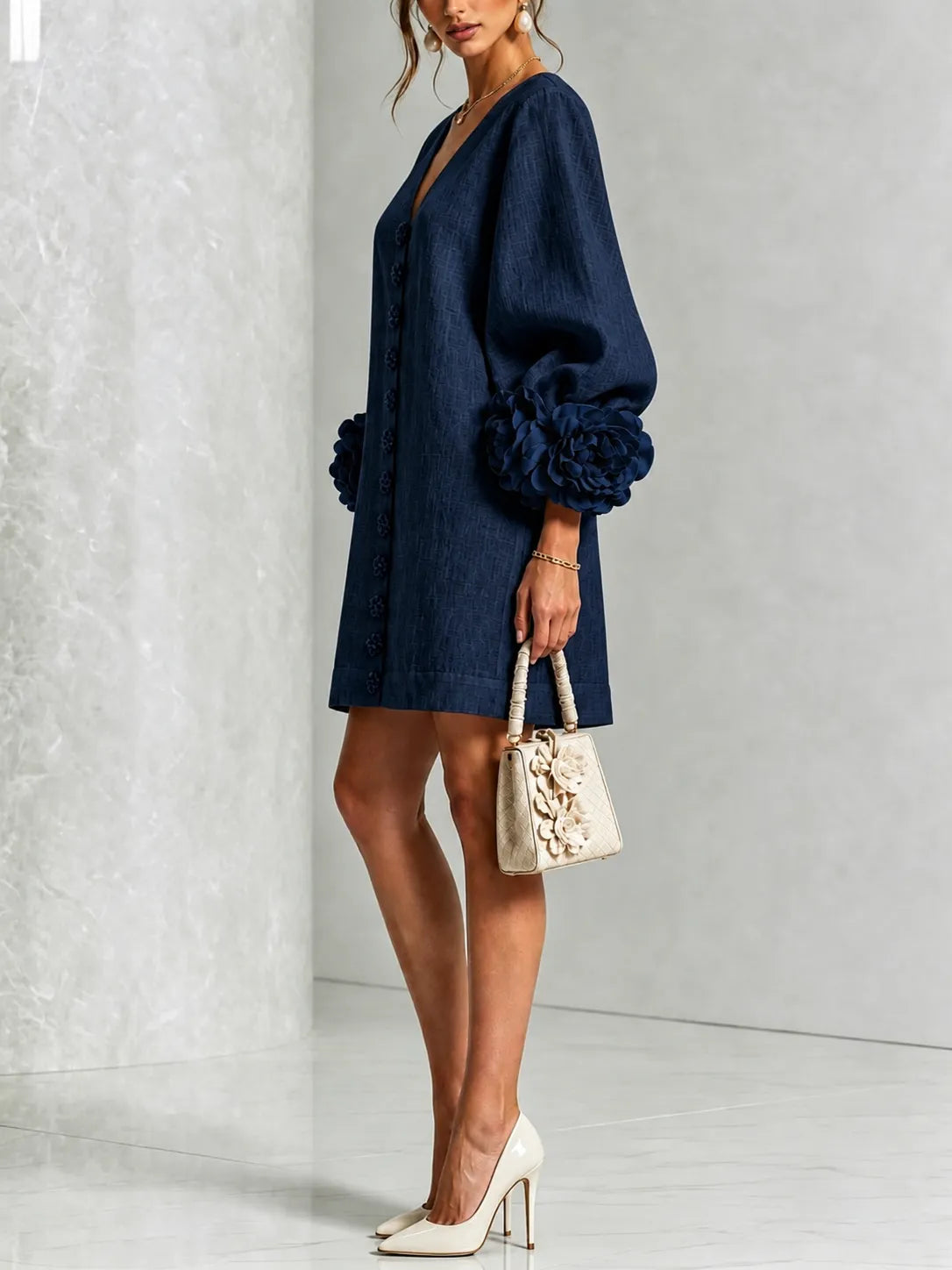 Navy V-neck Floral Button-down Mini Dress With Striking Floral Cuffs
