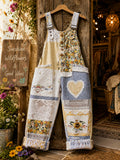 Women's Retro Style Art Print Washed Cotton Denim Patchwork Jumpsuit