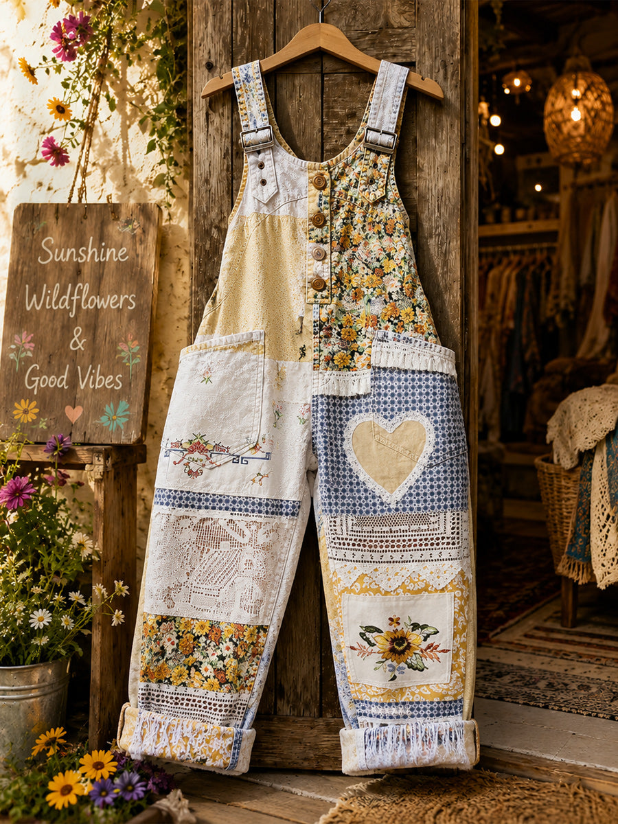 Women's Retro Style Art Print Washed Cotton Denim Patchwork Jumpsuit