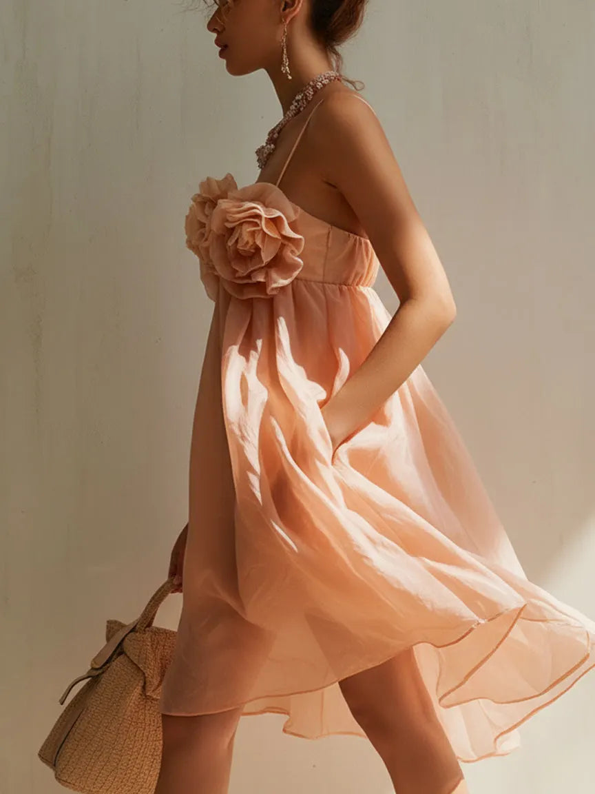 Elegant Pink 3D Floral Camisole Mini Dress