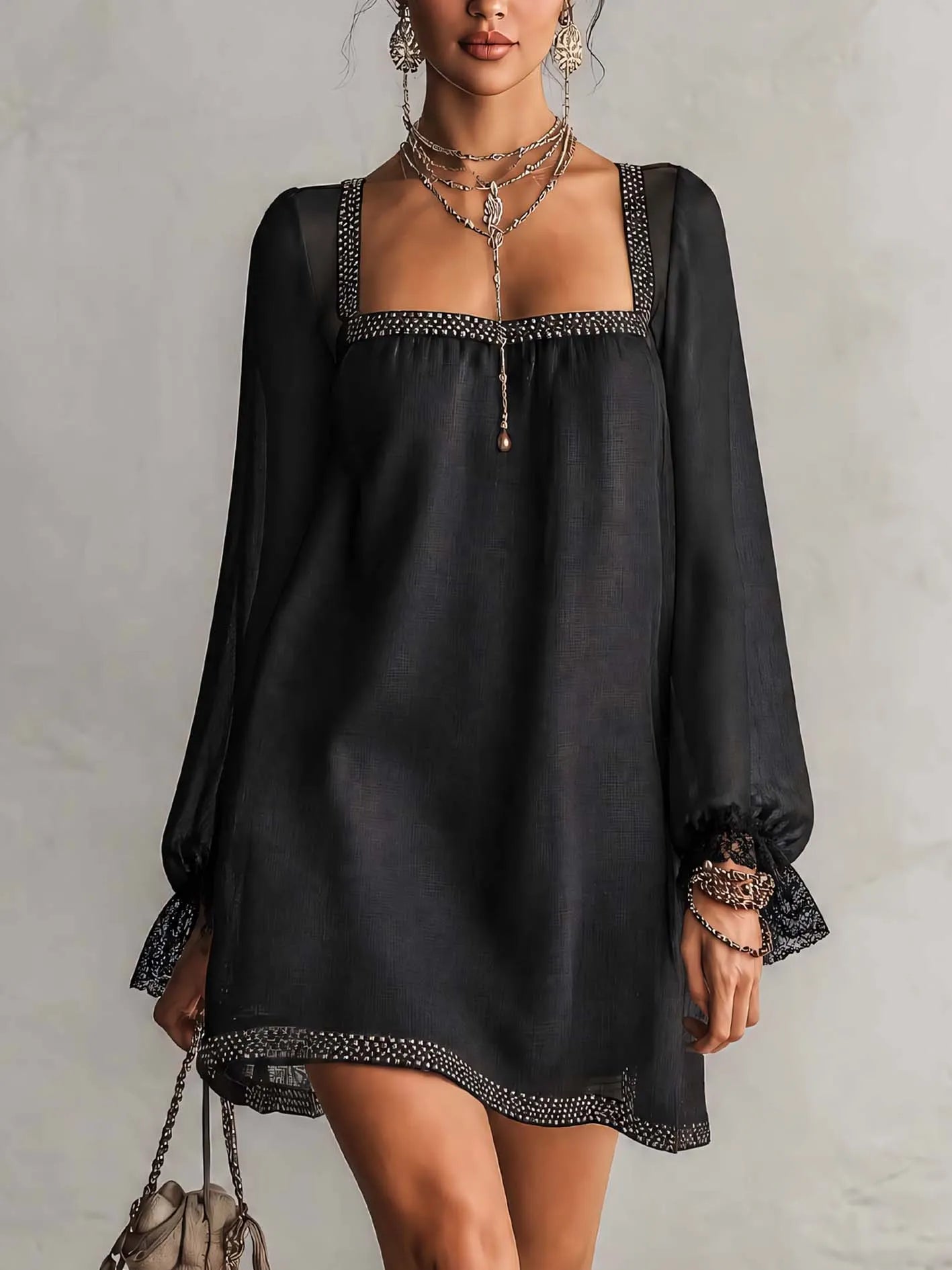 Black Rhinestone Trim Square Neck Lace Cuff Mini Dress