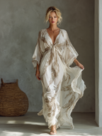 Twist Front & Palm Leaf Print Chiffon Dolman Sleeve Maxi Dress