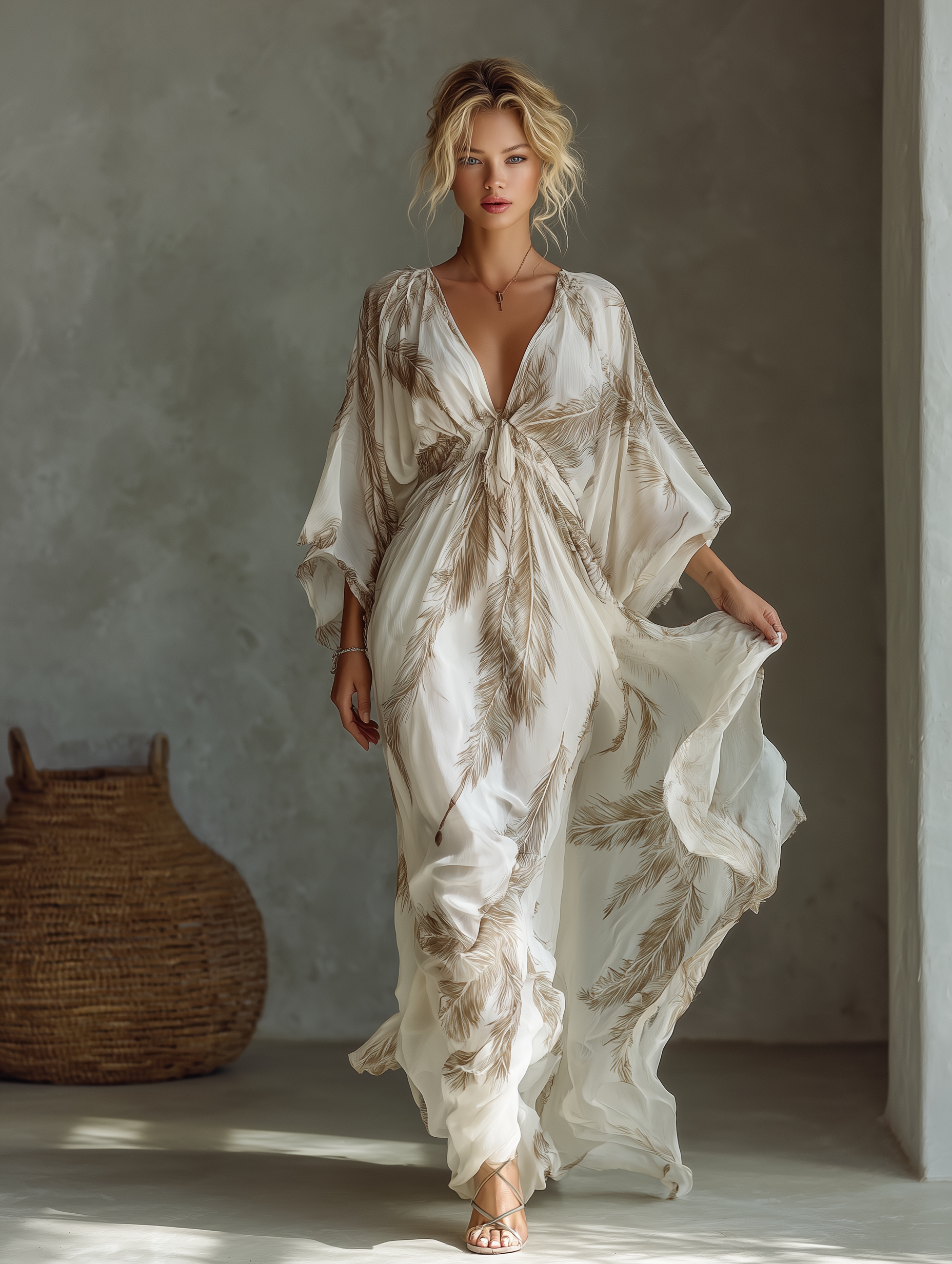 Twist Front & Palm Leaf Print Chiffon Dolman Sleeve Maxi Dress