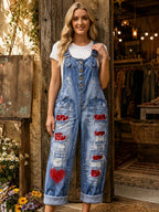 Women's Retro Style Art Print Washed Cotton Denim Patchwork Jumpsuit