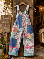 Women's Retro Style Art Print Washed Cotton Denim Patchwork Jumpsuit