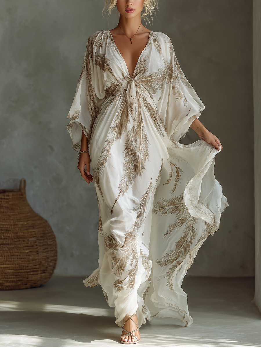 Twist Front & Palm Leaf Print Chiffon Dolman Sleeve Maxi Dress