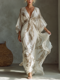 Twist Front & Palm Leaf Print Chiffon Dolman Sleeve Maxi Dress