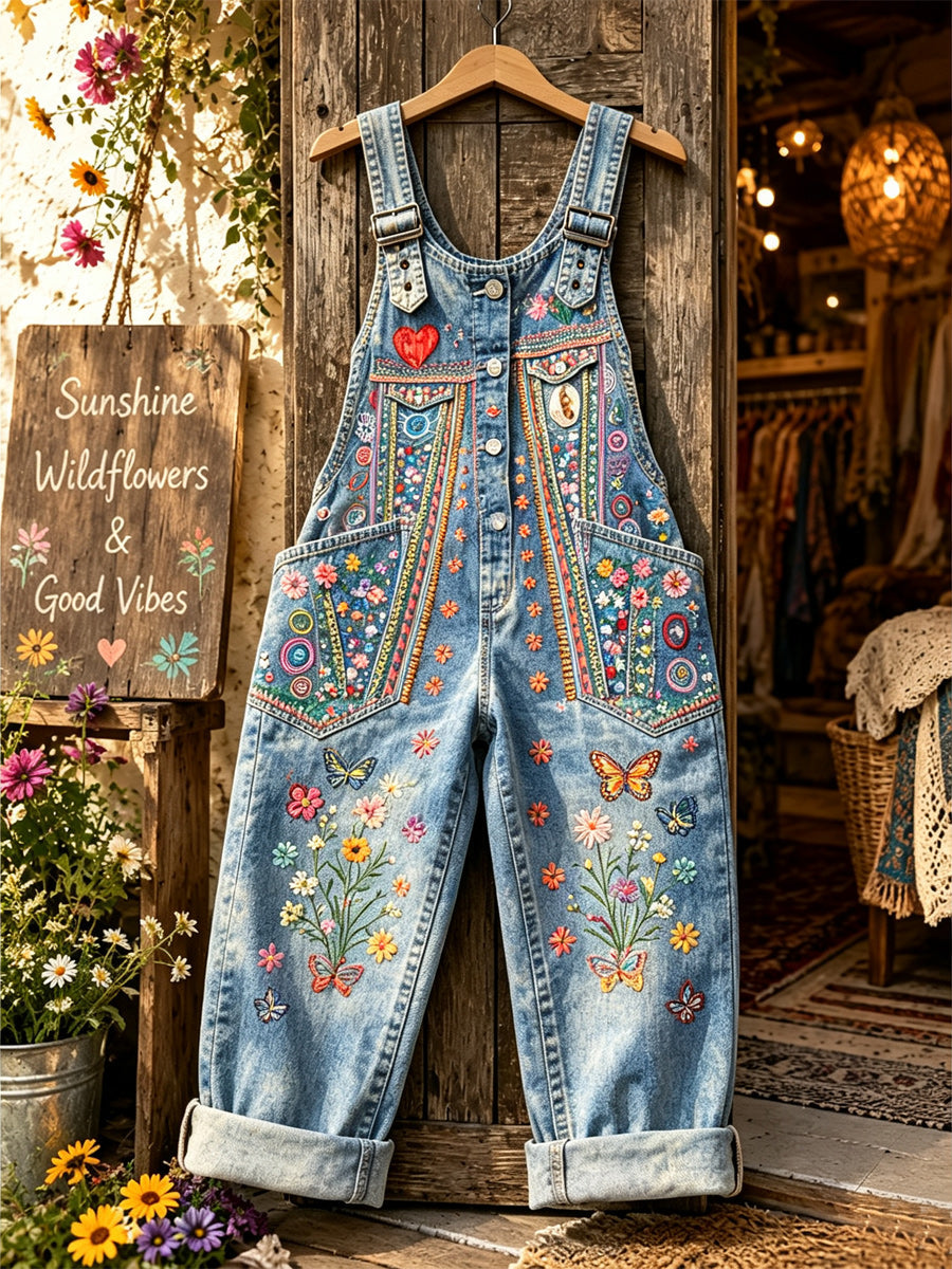 Women's Retro Style Art Print Washed Cotton Denim Patchwork Jumpsuit