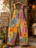 Women's Retro Style Art Print Washed Cotton Denim Patchwork Jumpsuit