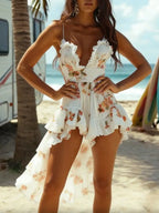 Sexy floral ruffled V-neck high-low dress