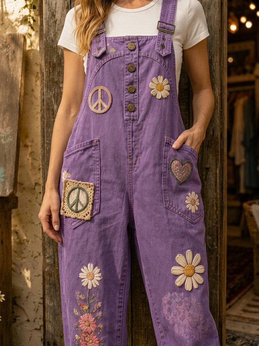 Women's Retro Style Art Print Washed Cotton Denim Patchwork Jumpsuit