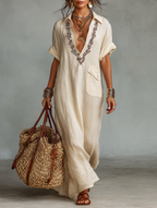 Minimalist Linen Blend Embroidered Short-sleeved Shirt Maxi Dress