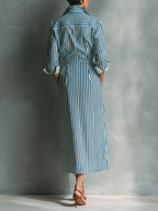 Blue And White Cotton Blend Striped Shirt Dress With Red Chest Pocket
