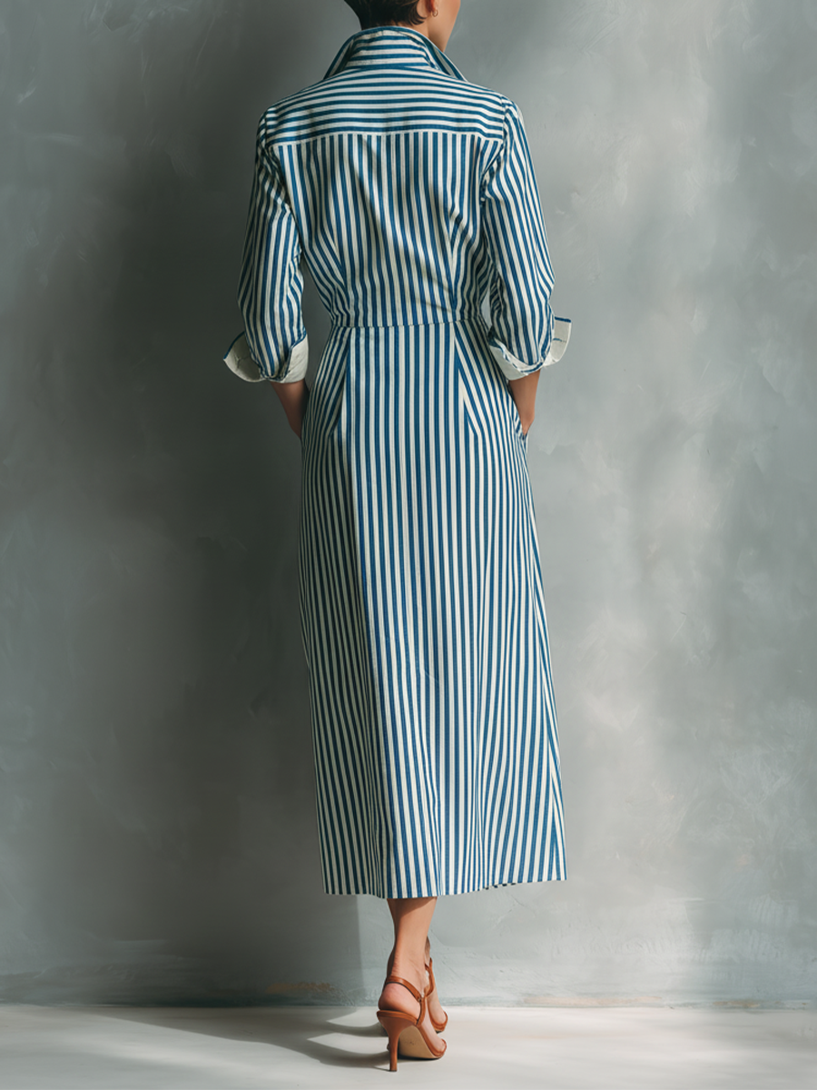 Blue And White Cotton Blend Striped Shirt Dress With Red Chest Pocket